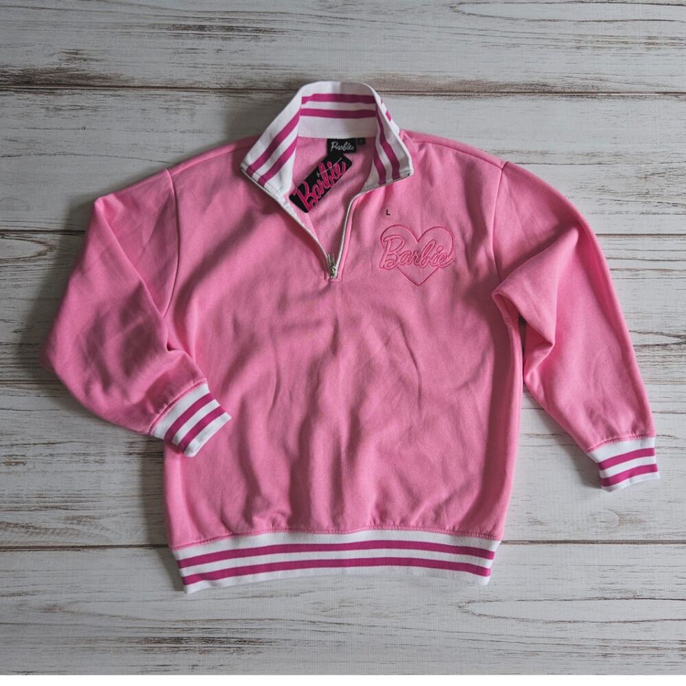 Mattel Barbie Pink and White Preppy Pullover Half Zip Sweatshirt sz L New